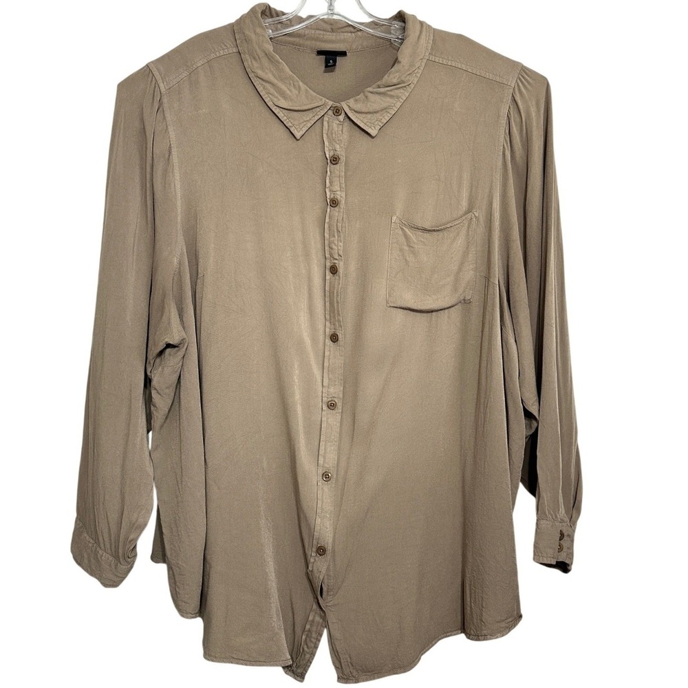 Torrid Taupe Top Washed Rayon Button Front Blouse 3/4 Sleeve Flowy Pocket SZ 5